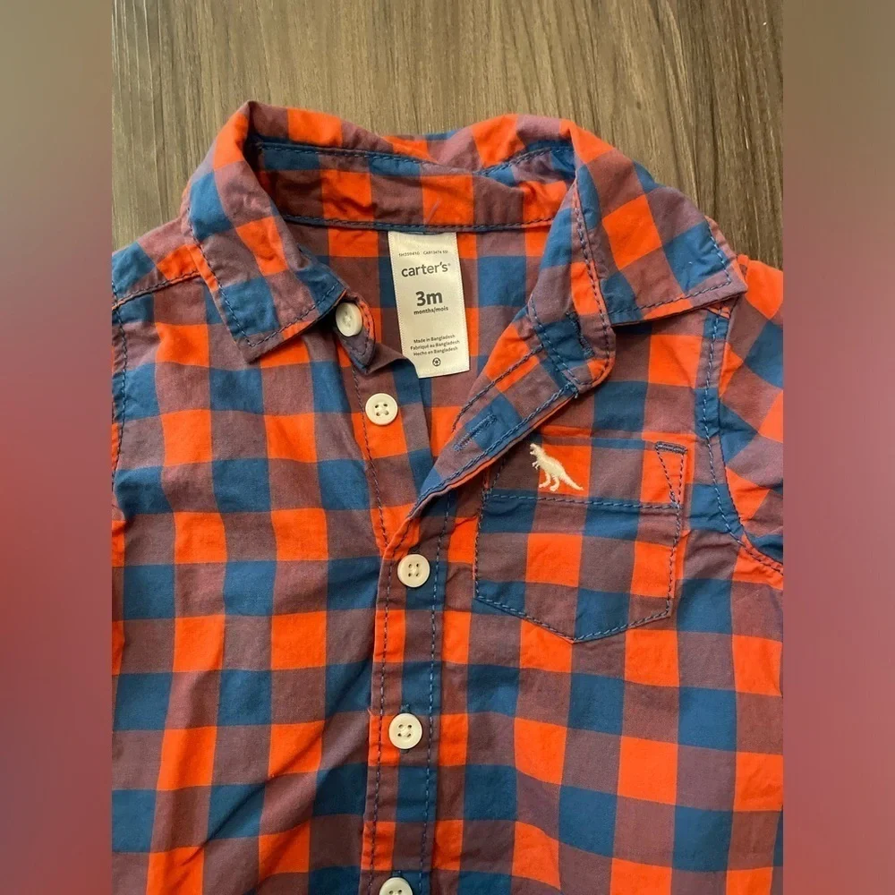 Carter's Blue and Orange Button Down Shirt Vibrant Plaid Design size 3M